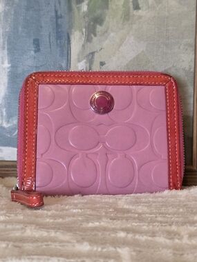 Coach Pink Signature Zip Wallet with Coral/Orange Trim